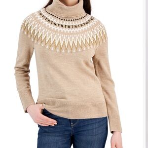 Tommy Hilfiger Fair Isle Turtleneck Sweater Women’s Size XL Tan/White